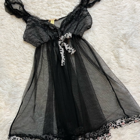 Flora Nikrooz Black Babydoll Chemise Animal Print Trim - Picture 2 of 5